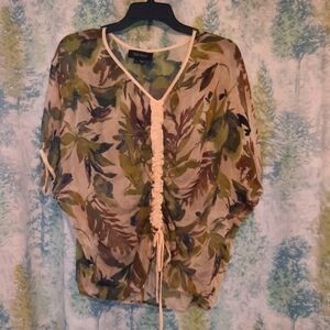 Karen Kane 100% Silk Green brown, cream Blouse shirt sheer scrunch tie  front